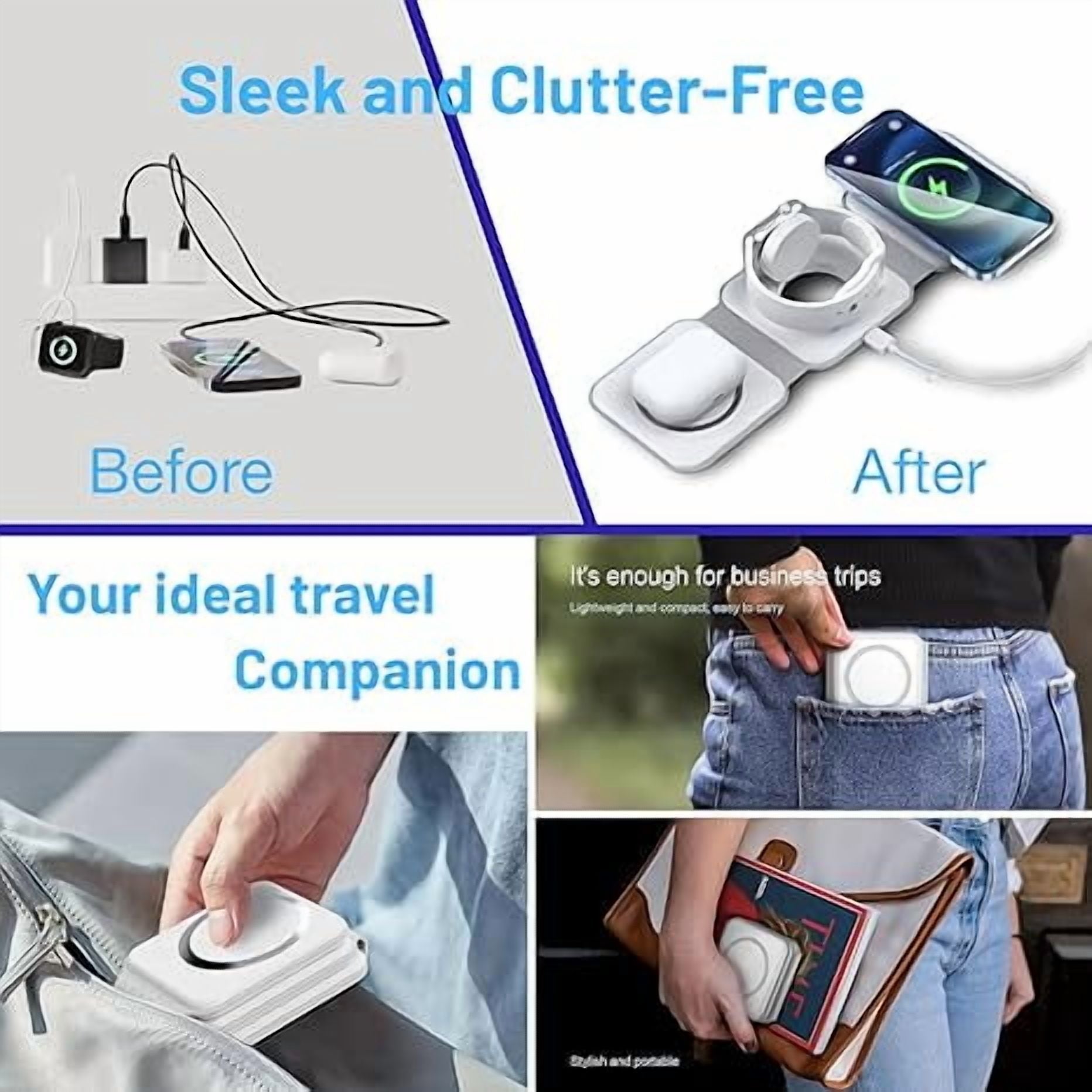 3-In-1 Foldable Magnetic Fast Charging Pad | Magsafe Wireless Travel Charger for Multiple Apple Products | Iphone 16/15/14/13/12/11 plus Pro Max | Iwatch and Airpods | White