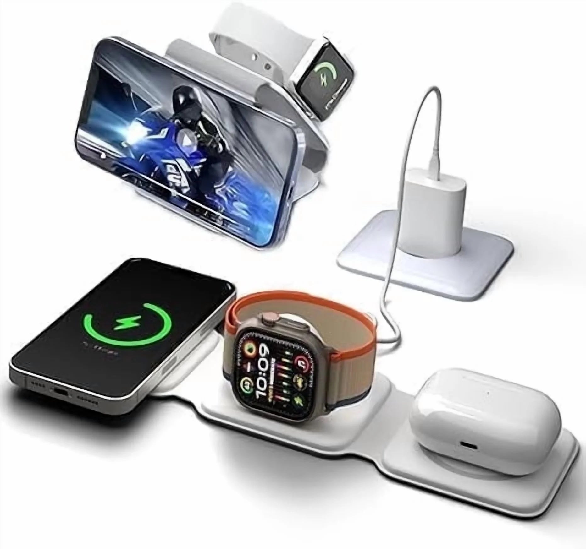 3-In-1 Foldable Magnetic Fast Charging Pad | Magsafe Wireless Travel Charger for Multiple Apple Products | Iphone 16/15/14/13/12/11 plus Pro Max | Iwatch and Airpods | White